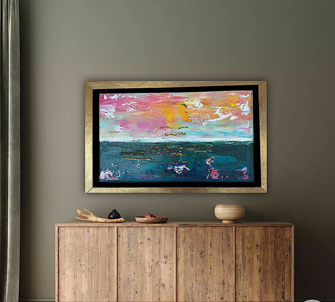 Framed in gold Original Abstract contemporary Oil Painting On Canvas 36x23cm textured Rose Gold sea