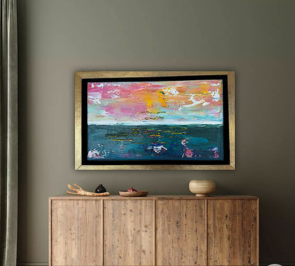Framed in gold Original Abstract contemporary Oil Painting On Canvas 36x23cm textured Rose Gold sea