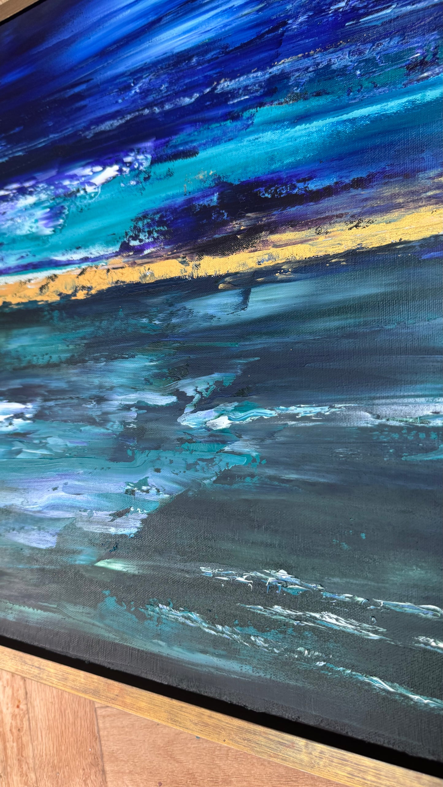Framed in gold oak frame Original Abstract contemporary Oil Painting On Canvas 55x50cm  textured Oka Night Ocean