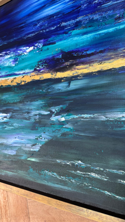 Framed in gold oak frame Original Abstract contemporary Oil Painting On Canvas 55x50cm  textured Oka Night Ocean
