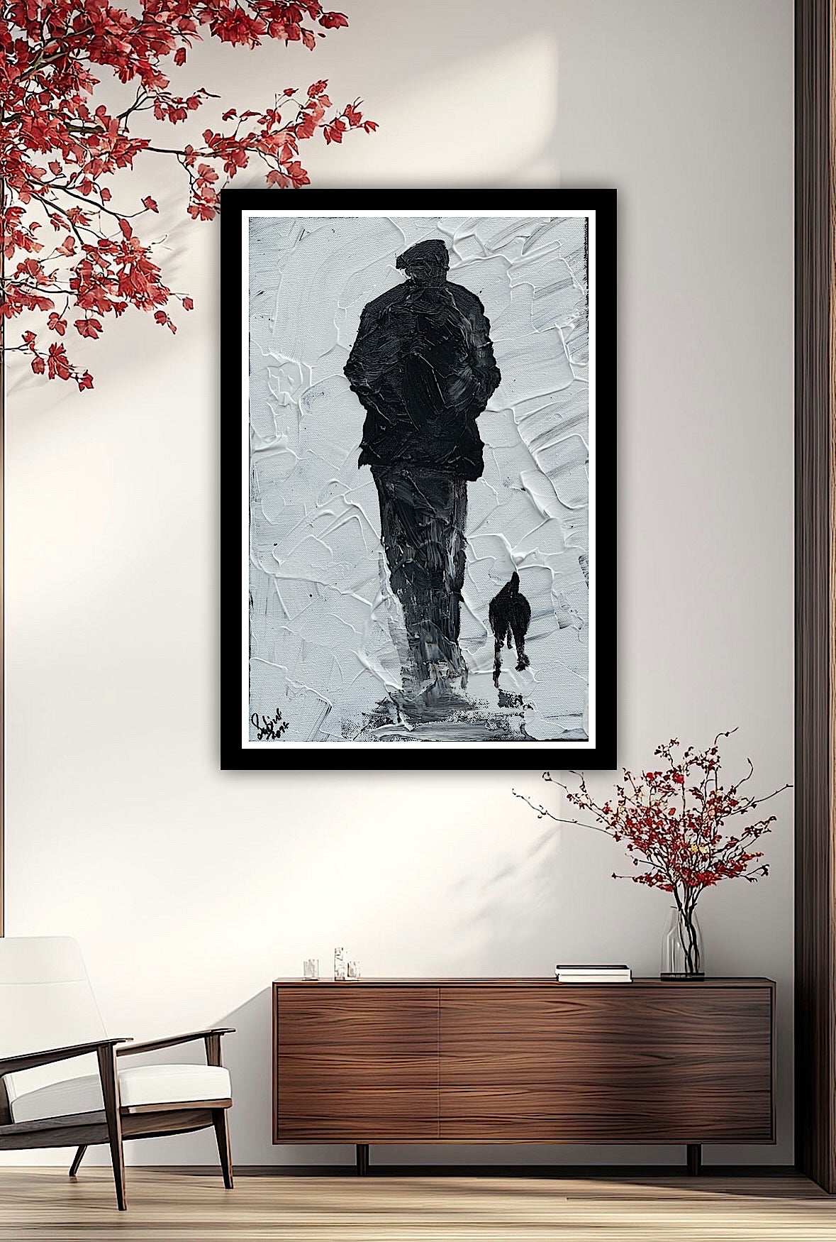 Framed Original Contemporary Abstract Oil Painting On Canvas 42cm x 29cm ‘ Pals’ man with a dog