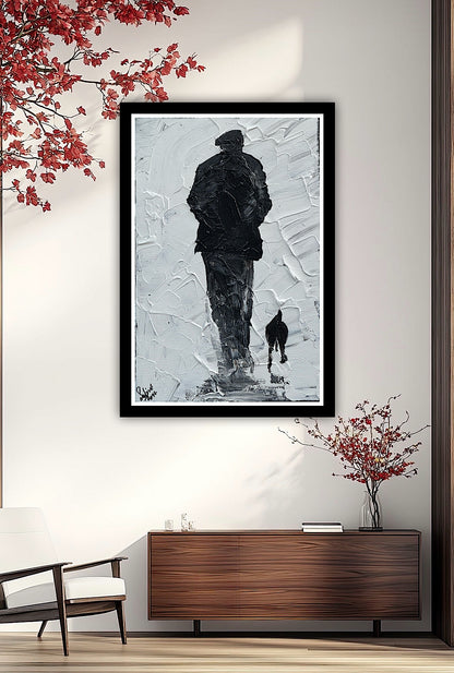 Framed Original Contemporary Abstract Oil Painting On Canvas 42cm x 29cm ‘ Pals’ man with a dog