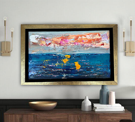 Framed in gold Original Abstract contemporary Oil Painting On Canvas 36x23cm textured Golden Tide