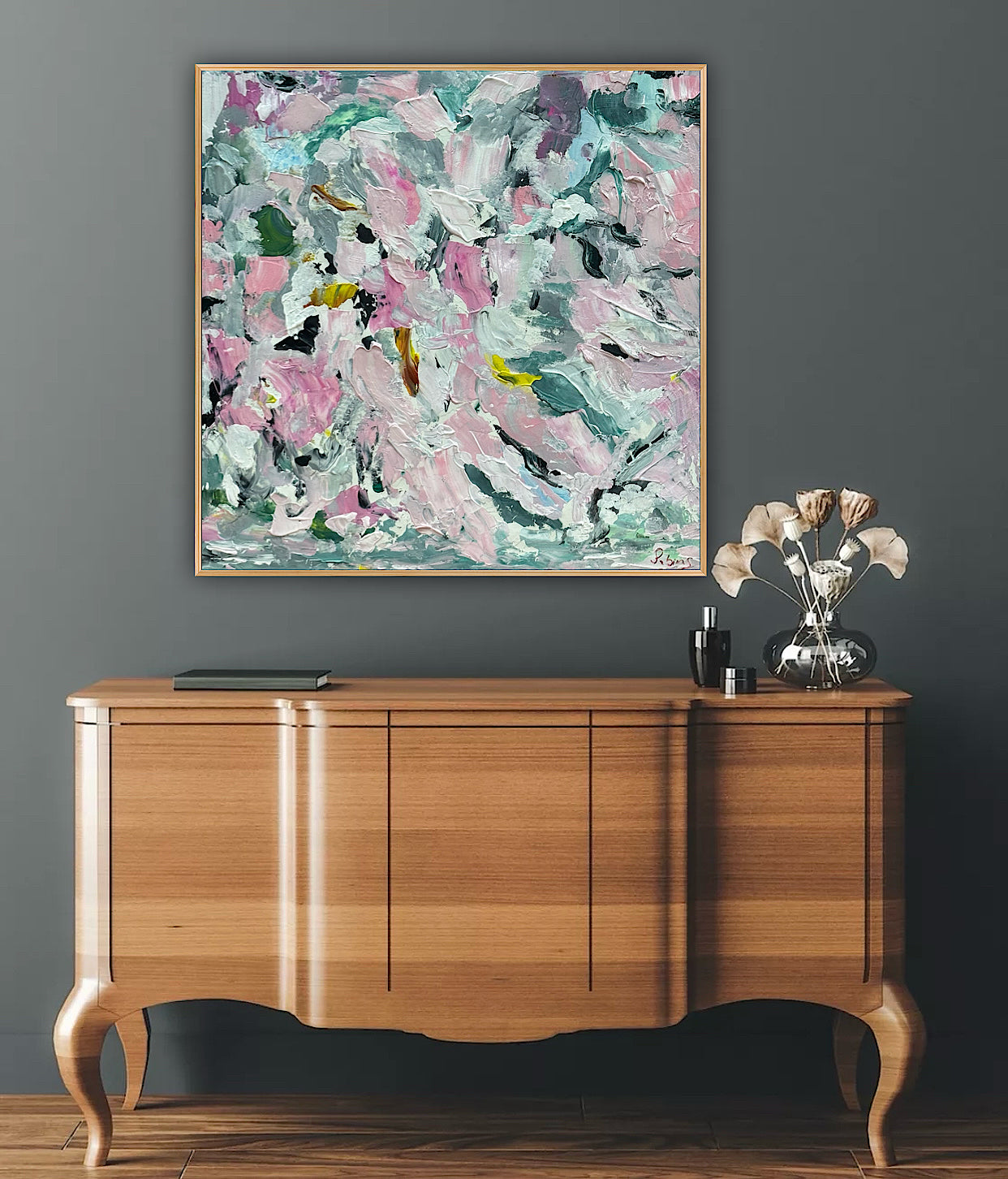 Large Abstract Original Oil Painting On 50x50cm canvas textured Painting ‘Pink Fusion’ Oka framed in solid oak frame