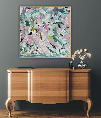 Large Abstract Original Oil Painting On 50x50cm canvas textured Painting ‘Pink Fusion’ Oka framed in solid oak frame