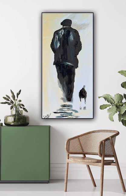 Oka Contemporary Abstract Original Oil Painting 30cm x 60cm textured Pals man with a dog