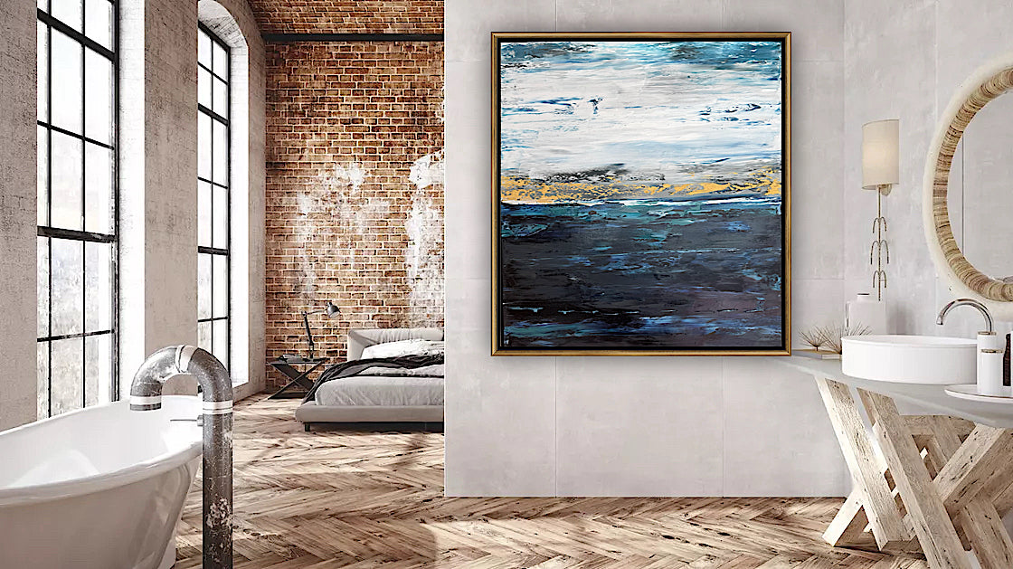 Framed in gold oak frame Original Abstract contemporary Oil Painting On Canvas 77x70cm  textured Oka Coastal Line