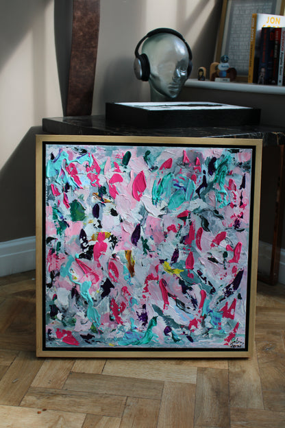 Abstract Original Oil Painting On 50x50cm canvas textured Painting ‘Summer Garden’ Oka framed in solid oak frame