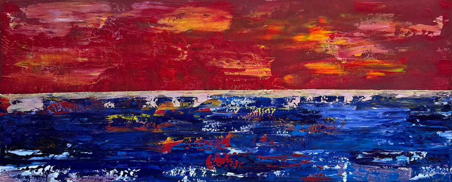 Abstract original Oil Painting On Canvas ‘Orange horizon’ 120cm X 50cm textured landscape