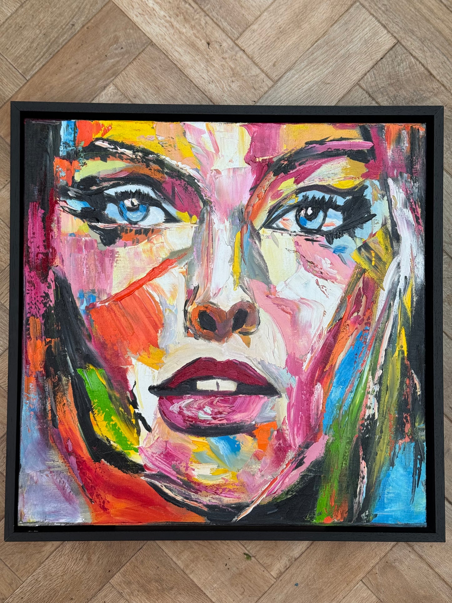 Framed in black frame Original Abstract contemporary Oil Painting On Canvas 54 x 54cm Wild Muse woman portrait