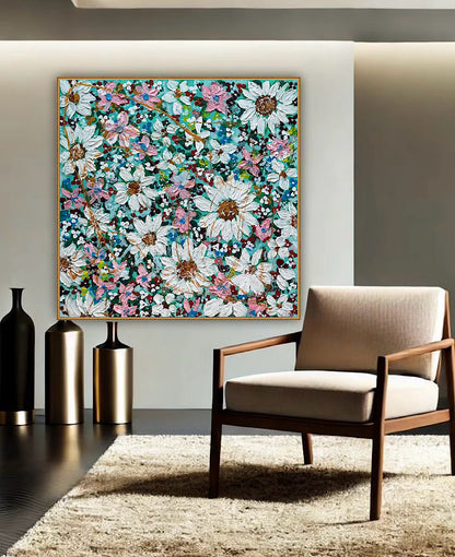 Original Abstract Oil Painting On deep edge Canvas 100x100cm Daisies & more Flowers Textured