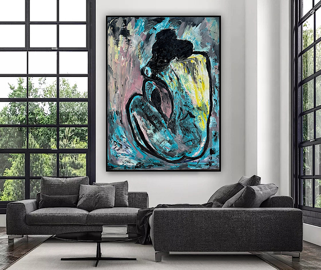 Large Picasso Abstract Style Original Oil Painting 100X76cm Blue Nude available now