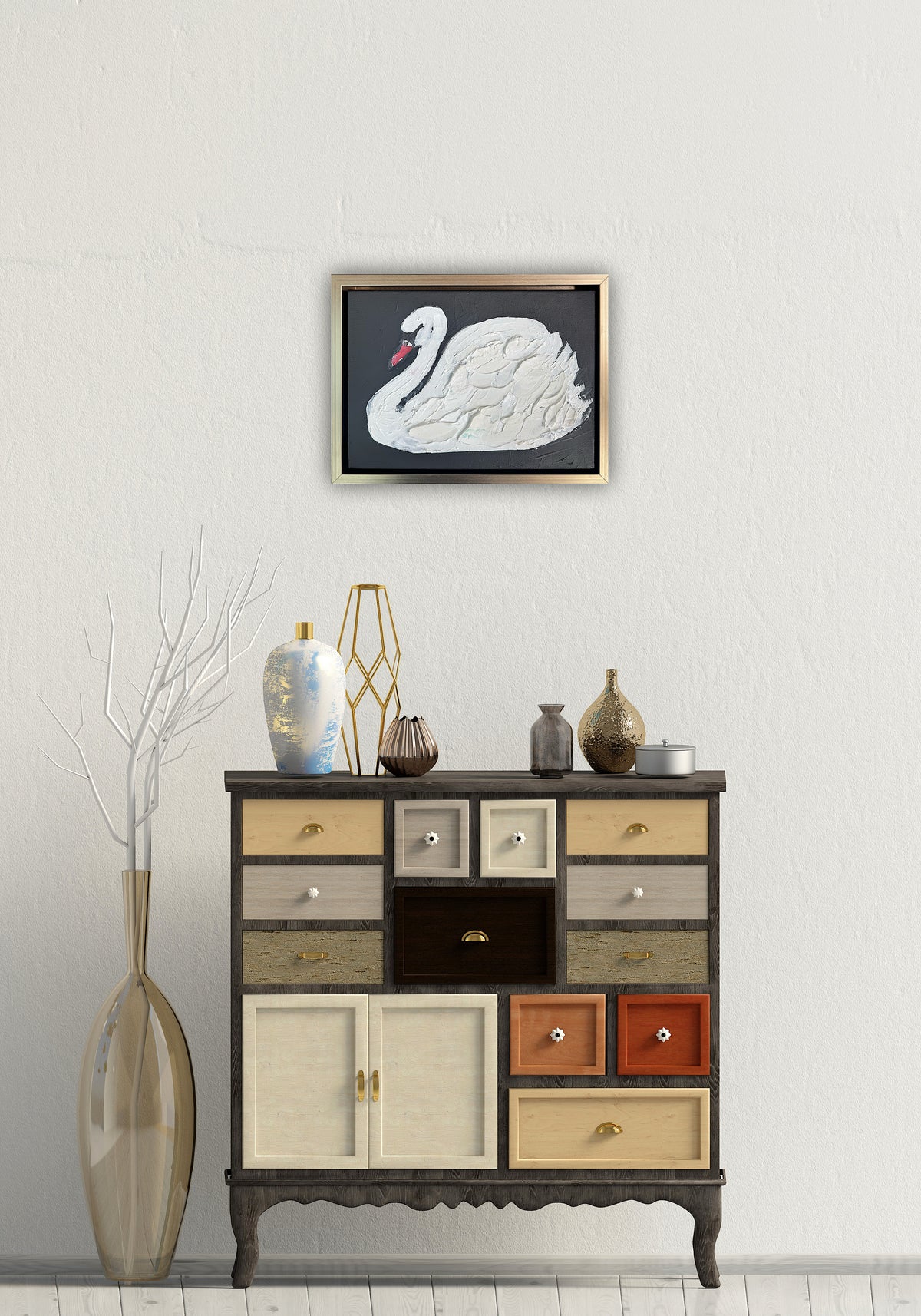 Framed in gold textured Original Contemporary Abstract Oil Painting On Canvas 33x25cm White Swan