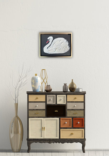 Framed in gold textured Original Contemporary Abstract Oil Painting On Canvas 33x25cm White Swan