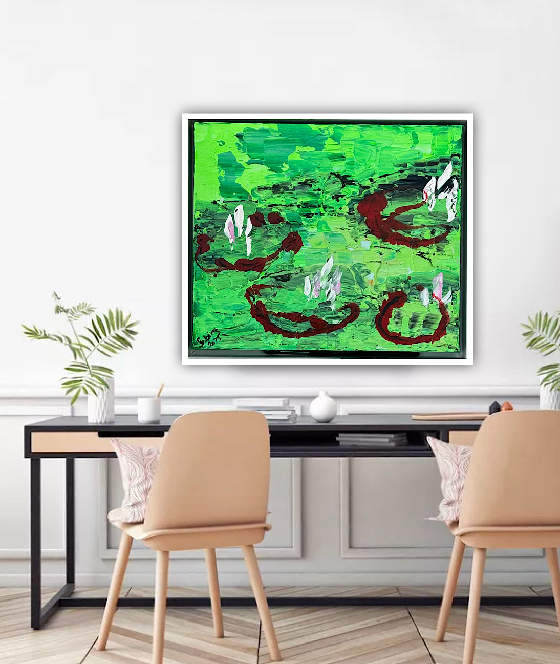Framed Original Abstract contemporary Oil Painting On Canvas 36 x 33cm  Lily Pond oka