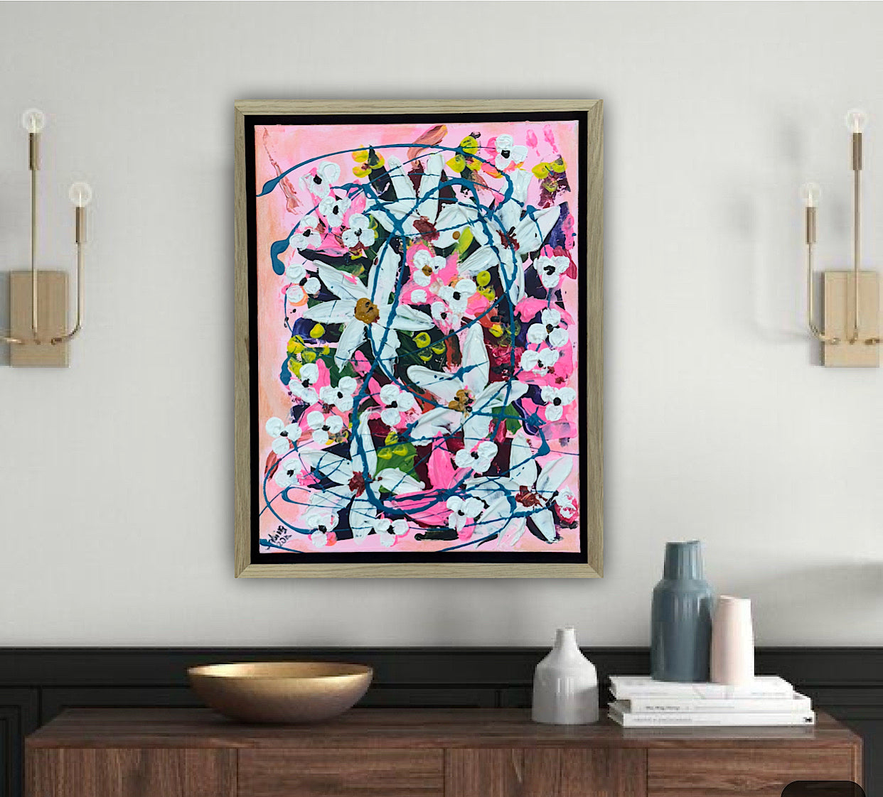 Framed Original Abstract contemporary Oil Painting On Canvas 40 x 30cm white Flowers Oka