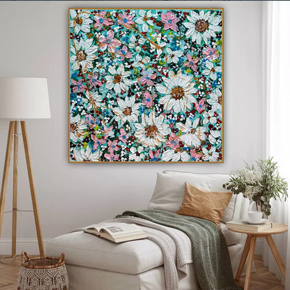 Original Abstract Oil Painting On deep edge Canvas 100x100cm Daisies & more Flowers Textured