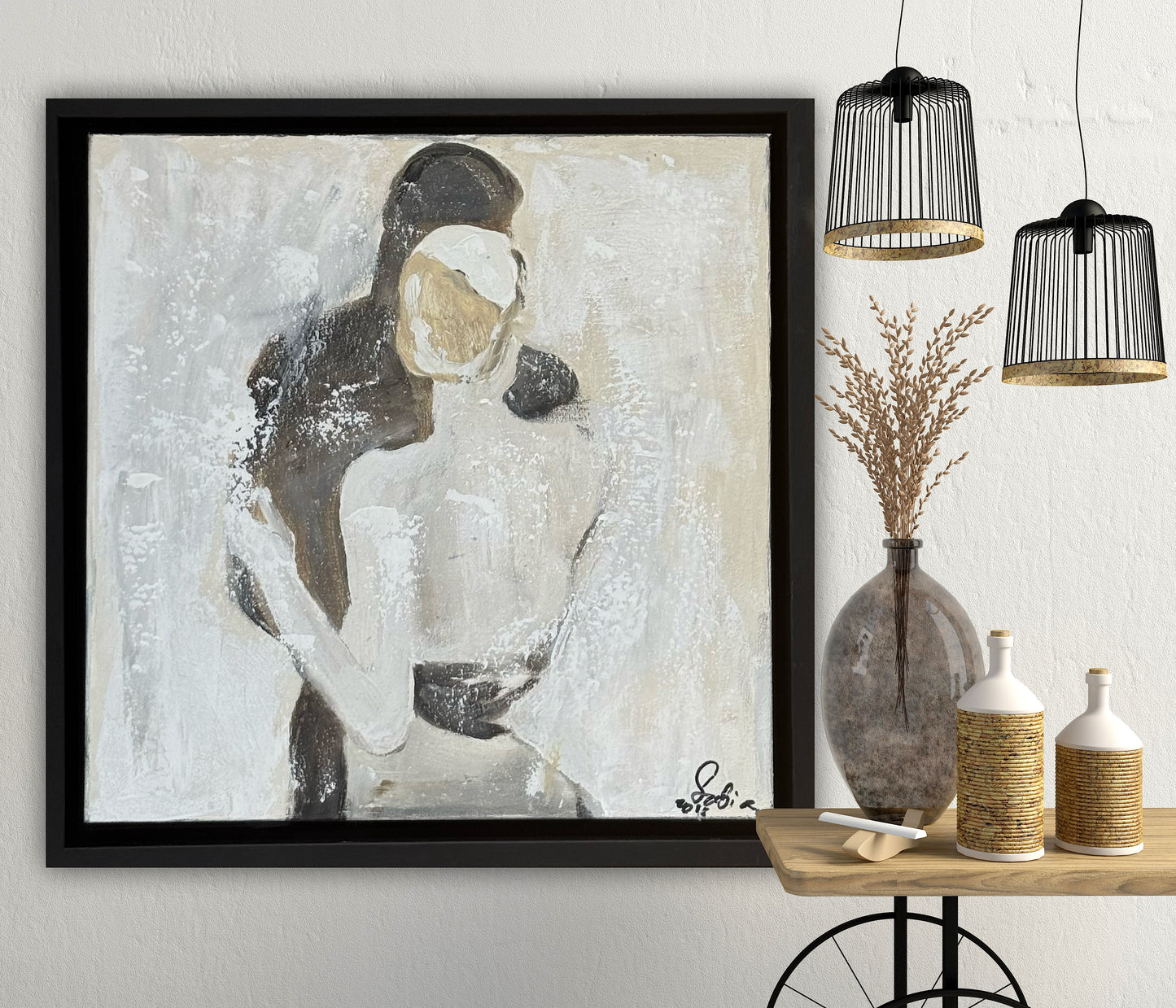 Framed Original Abstract contemporary Oil Painting On Canvas 35x35cm  love dance oka