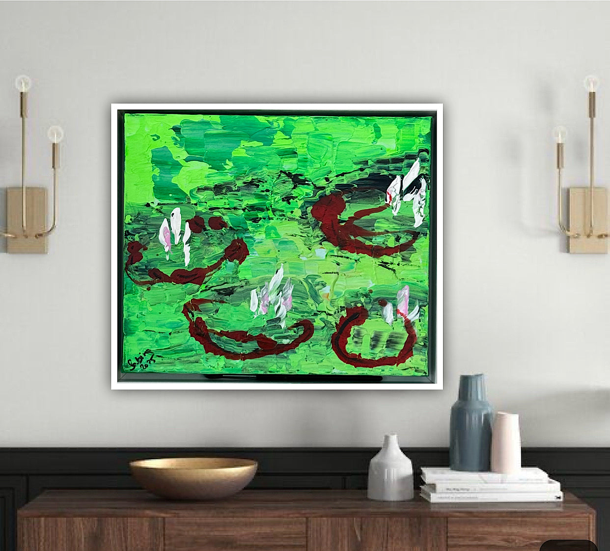 Framed Original Abstract contemporary Oil Painting On Canvas 36 x 33cm  Lily Pond oka