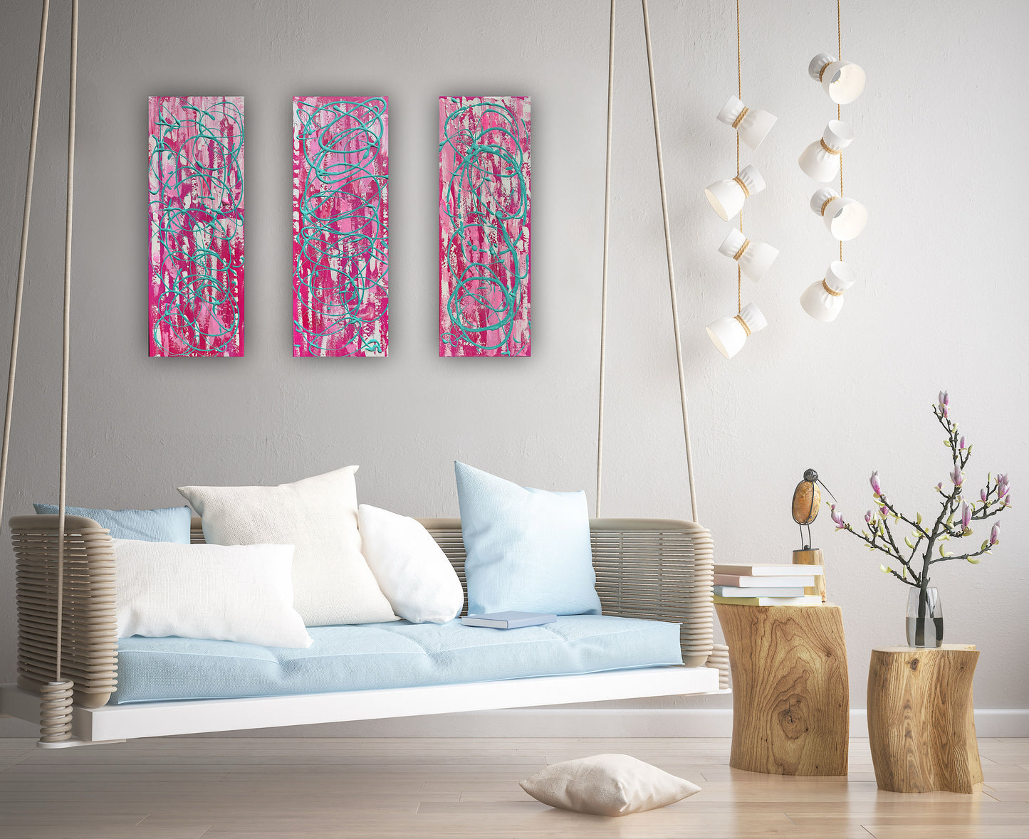 Oka set of 3 Modern Abstract Original Oil Paintings On Canvas ‘’Japan blossom’ 80 x 90 cm overall