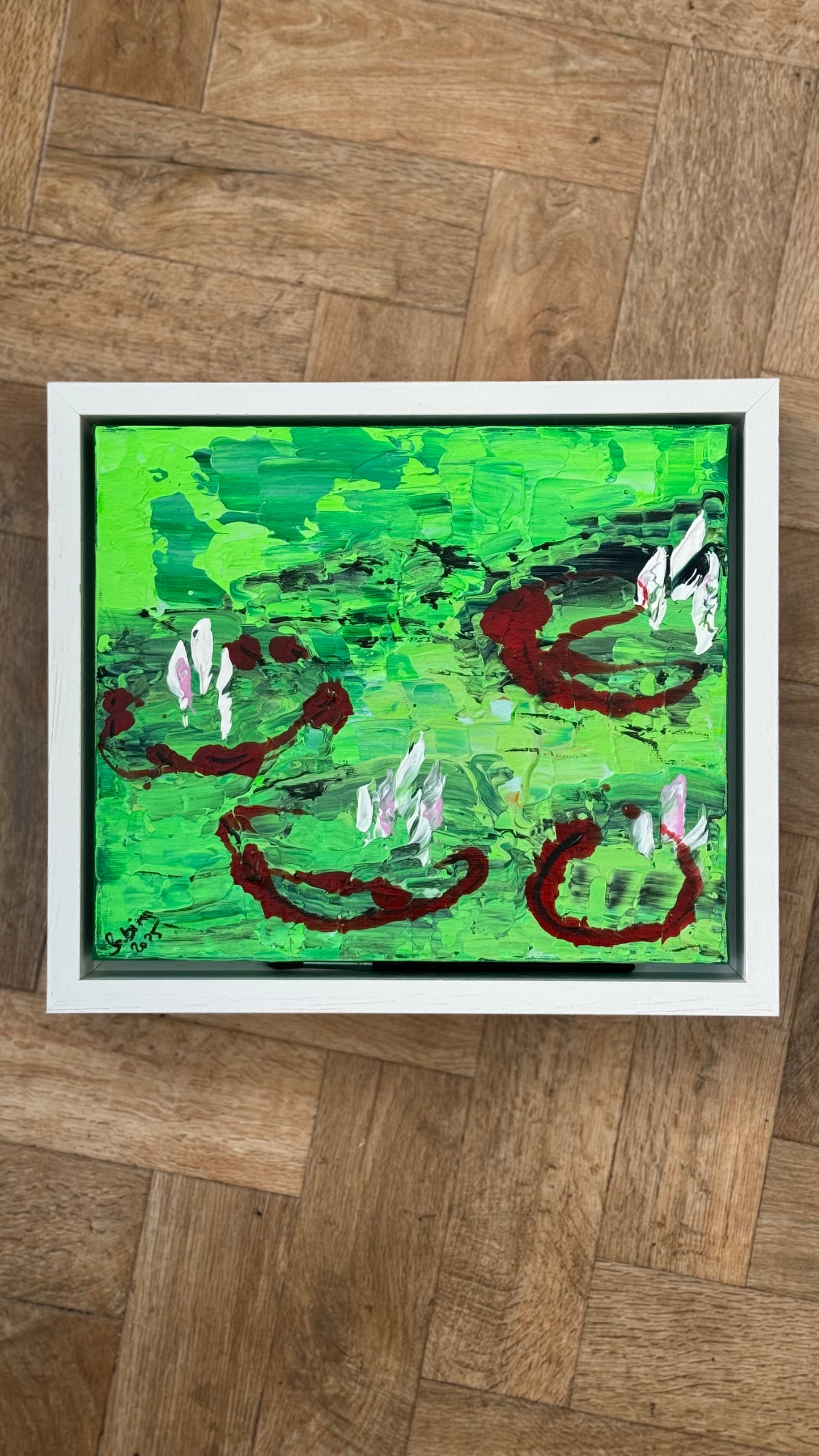 Framed Original Abstract contemporary Oil Painting On Canvas 36 x 33cm  Lily Pond oka