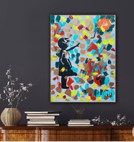 Girl With Balloon Like Banksy Oil Painting On Canvas 60 X 45cm Fun Day Ahead