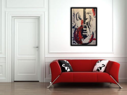 Framed Richter Abstract Style Original Oil Painting 92 X 64cm Large Black Guitar