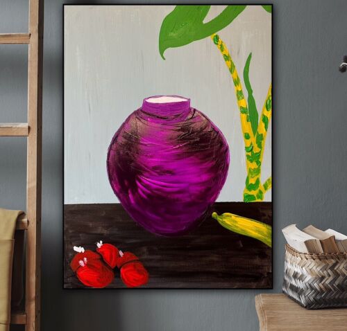 Large Abstract Original Oil Painting On 60 X 46cm canvas Exotic Vase Still life