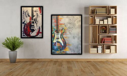 Framed Richter Abstract Style Original Oil Painting 92 X 64cm Large Black Guitar