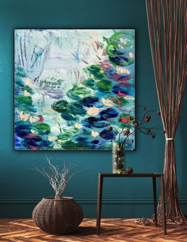 Monet Style Original Abstract Oil Painting On Canvas 80x80cm Lilies Pond Oka