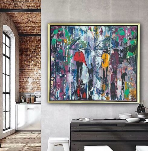 Framed Original Contemporary Abstract Oil Painting On Canvas 60x52cm London Rain