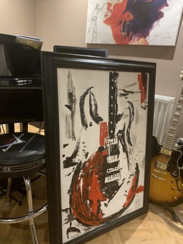 Framed Richter Abstract Style Original Oil Painting 92 X 64cm Large Black Guitar