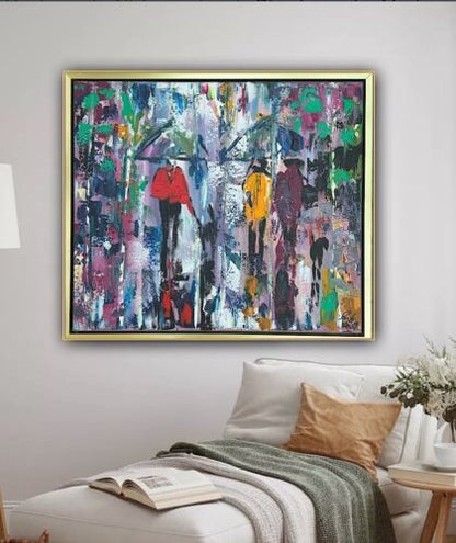 Framed Original Contemporary Abstract Oil Painting On Canvas 60x52cm London Rain