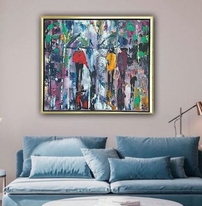 Framed Original Contemporary Abstract Oil Painting On Canvas 60x52cm London Rain