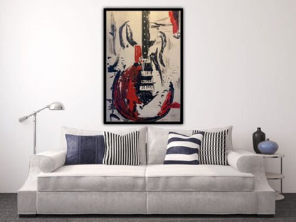 Framed Richter Abstract Style Original Oil Painting 92 X 64cm Large Black Guitar