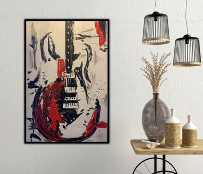 Framed Richter Abstract Style Original Oil Painting 92 X 64cm Large Black Guitar