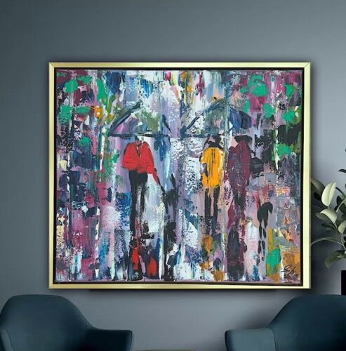 Framed Original Contemporary Abstract Oil Painting On Canvas 60x52cm London Rain