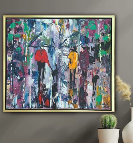 Framed Original Contemporary Abstract Oil Painting On Canvas 60x52cm London Rain