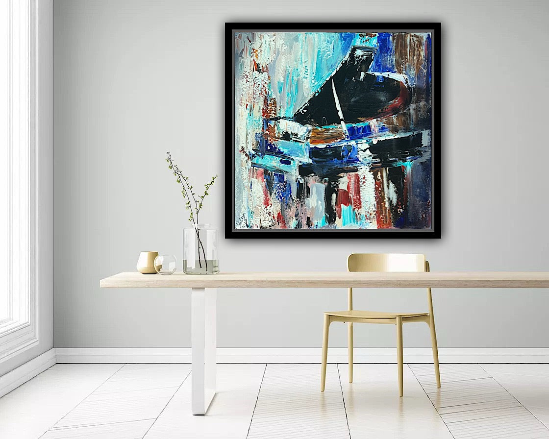 Framed in black Textured Original Abstract Oil Painting On Canvas 55x55cm Black Grand Piano