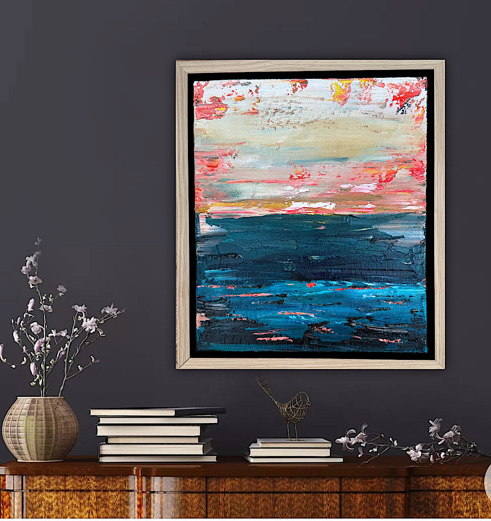 Framed in oak Original Abstract contemporary Oil Painting On Canvas 38x33cm  textured Oka Elysian Waters
