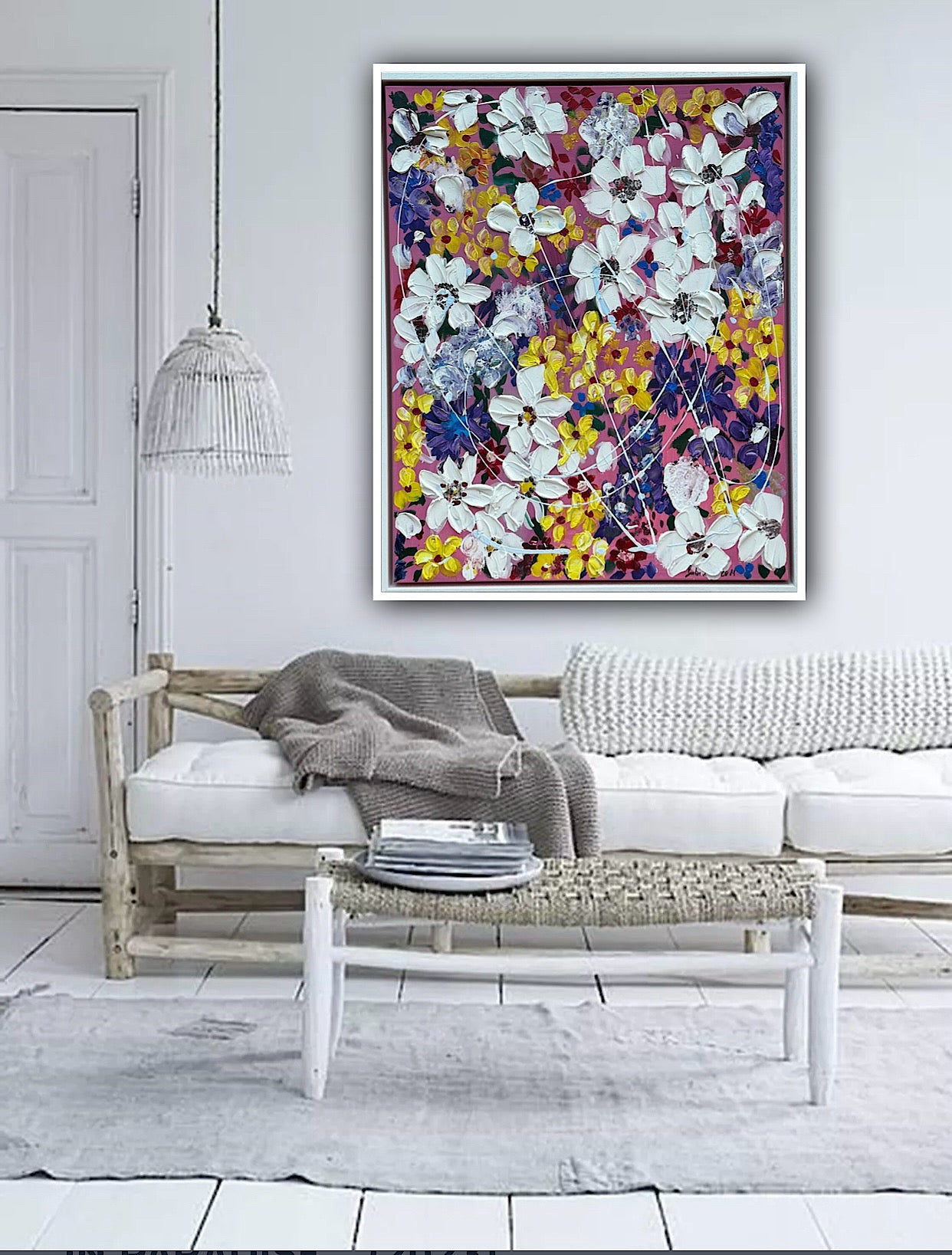 Framed Original Abstract Oil Painting On Canvas 80 x 65cm white flowers in bloom textured framed