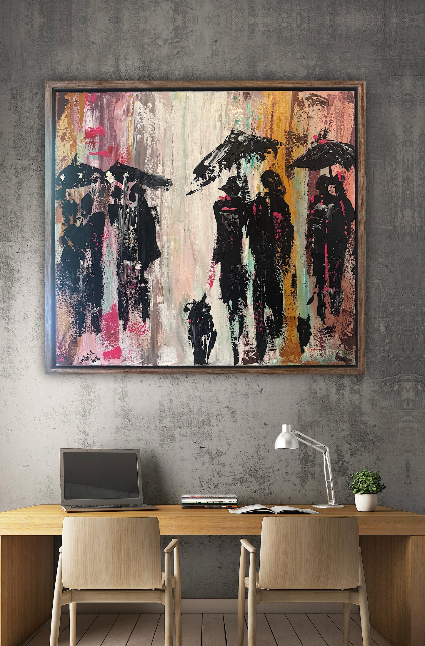 Original Abstract contemporary Oil Painting On Canvas 64cm x 60cm London in the Rain Framed in dark oak