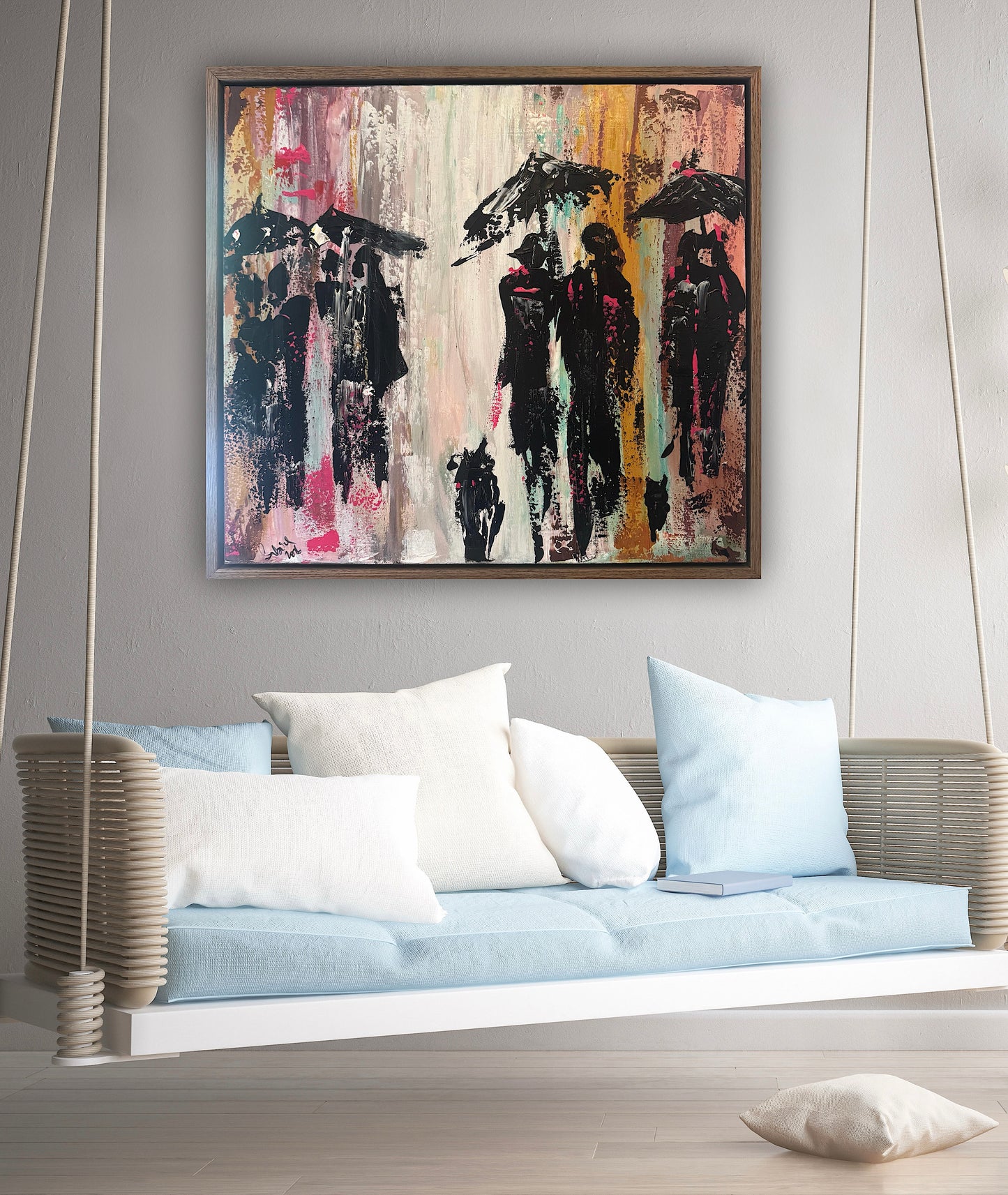 Original Abstract contemporary Oil Painting On Canvas 64cm x 60cm London in the Rain Framed in dark oak
