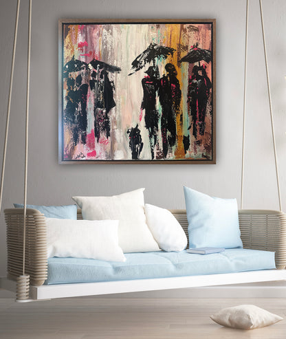 Original Abstract contemporary Oil Painting On Canvas 64cm x 60cm London in the Rain Framed in dark oak