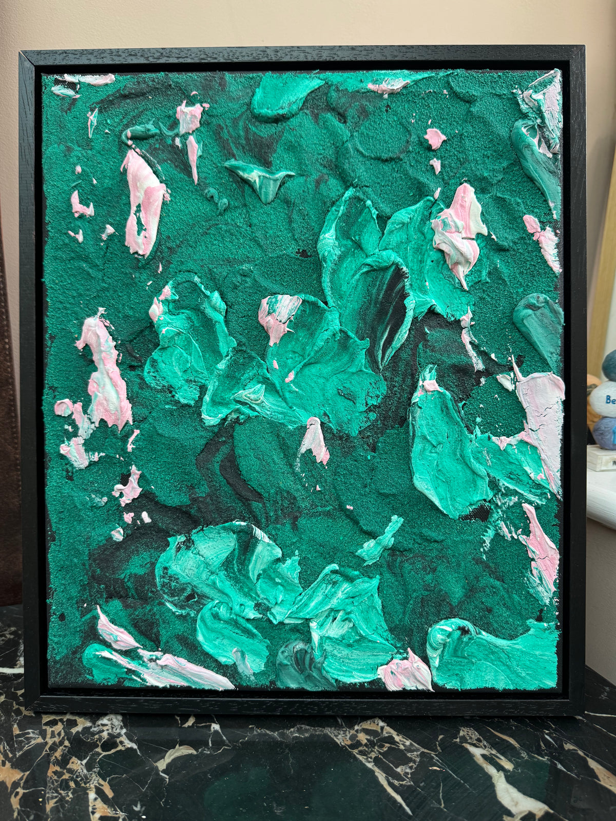 Framed in black textured Original Contemporary Abstract Oil Painting On Canvas 35x41cm Garden Love II