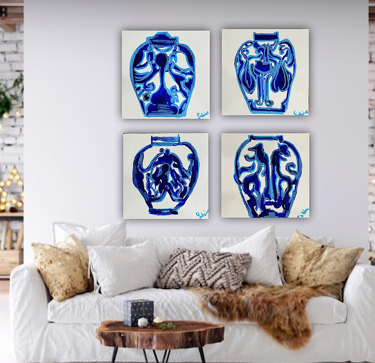 Oka set of 4 Modern Abstract Original Oil Paintings On Canvas Blue vases 15x15cm each