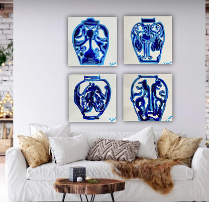 Oka set of 4 Modern Abstract Original Oil Paintings On Canvas Blue vases 15x15cm each
