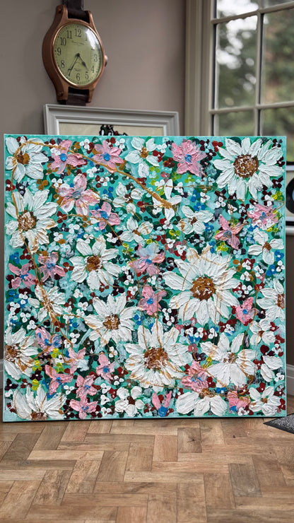 Original Abstract Oil Painting On deep edge Canvas 100x100cm Daisies & more Flowers Textured