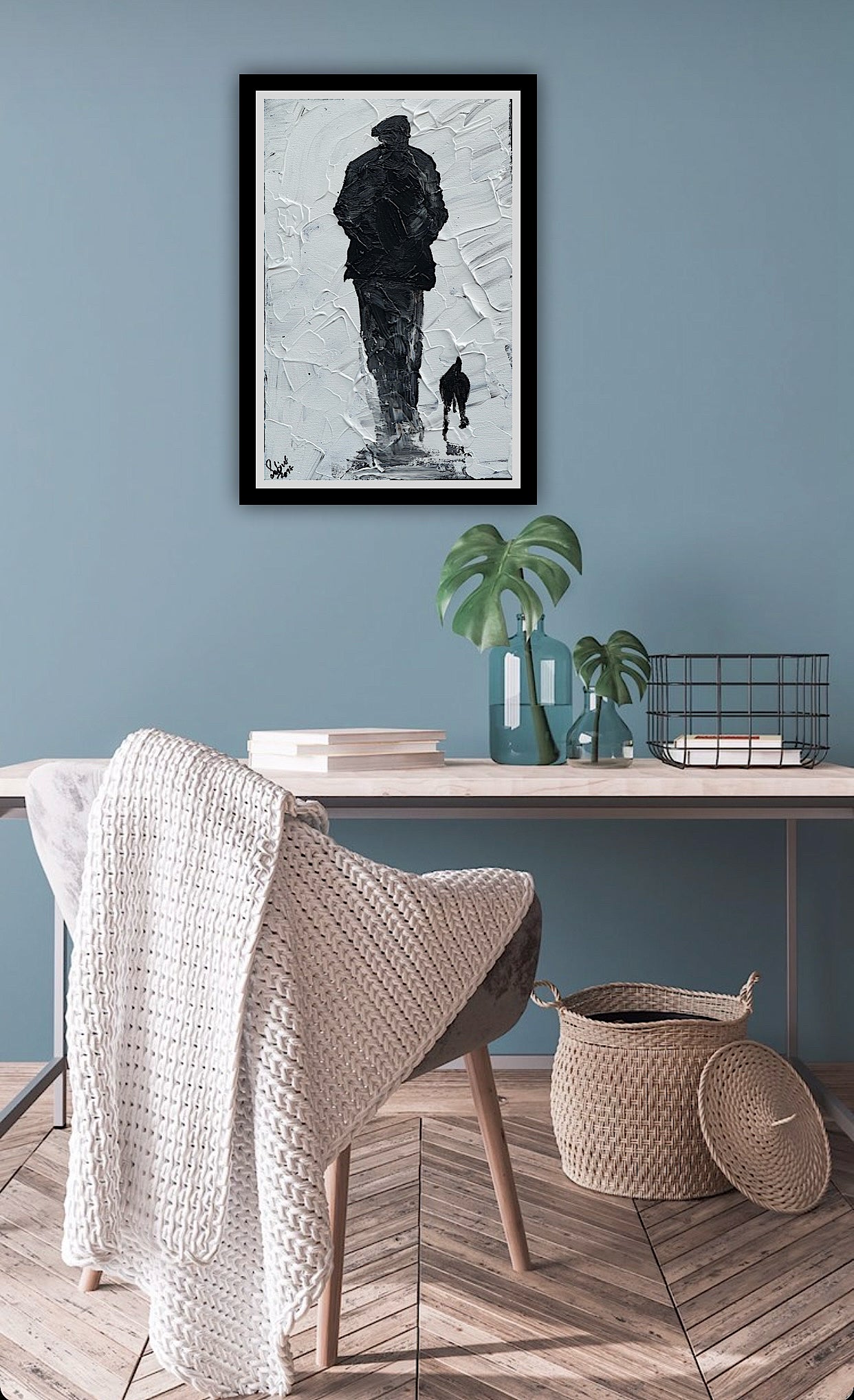 Framed Original Contemporary Abstract Oil Painting On Canvas 42cm x 29cm ‘ Pals’ man with a dog
