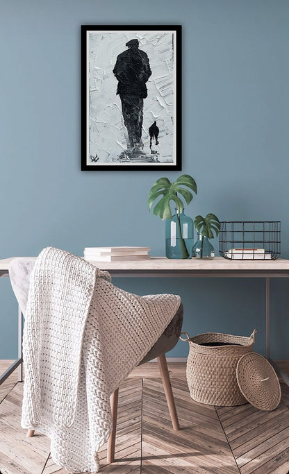 Framed Original Contemporary Abstract Oil Painting On Canvas 42cm x 29cm ‘ Pals’ man with a dog